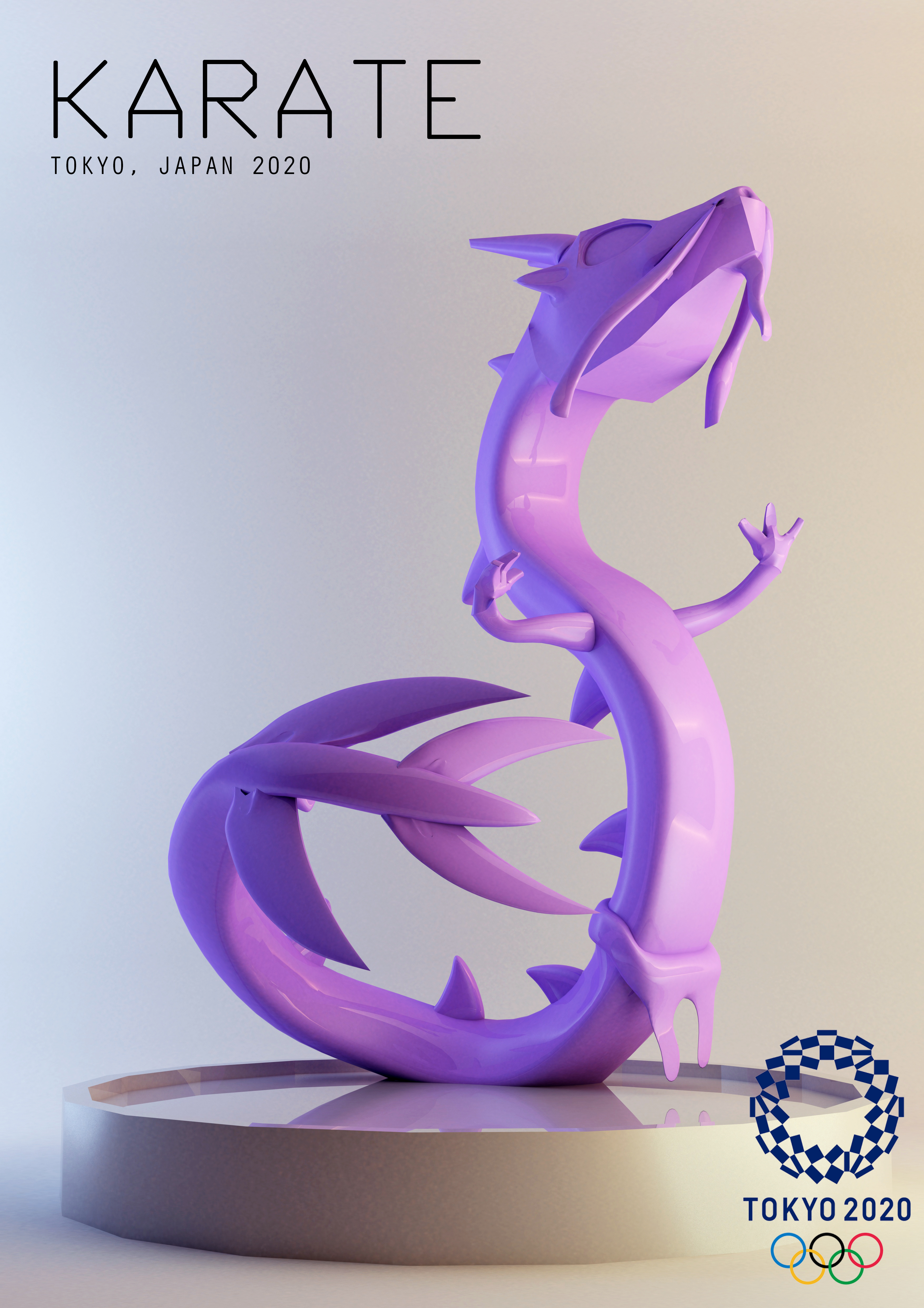 dragon character japanese tokyo olympics 2021 3D sculpture poster practising sport karate gold