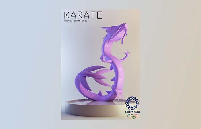 dragon character japanese 3D sculpture practising the sport karate gold
